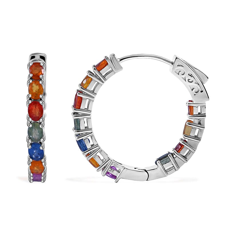 Rainbow Sapphire, Blue and Pink Sapphire 5.10 ctw Hoop Earrings in Rhodium Over Sterling Silver 
