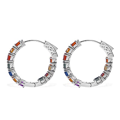 Rainbow Sapphire, Blue and Pink Sapphire 5.10 ctw Hoop Earrings in Rhodium Over Sterling Silver 