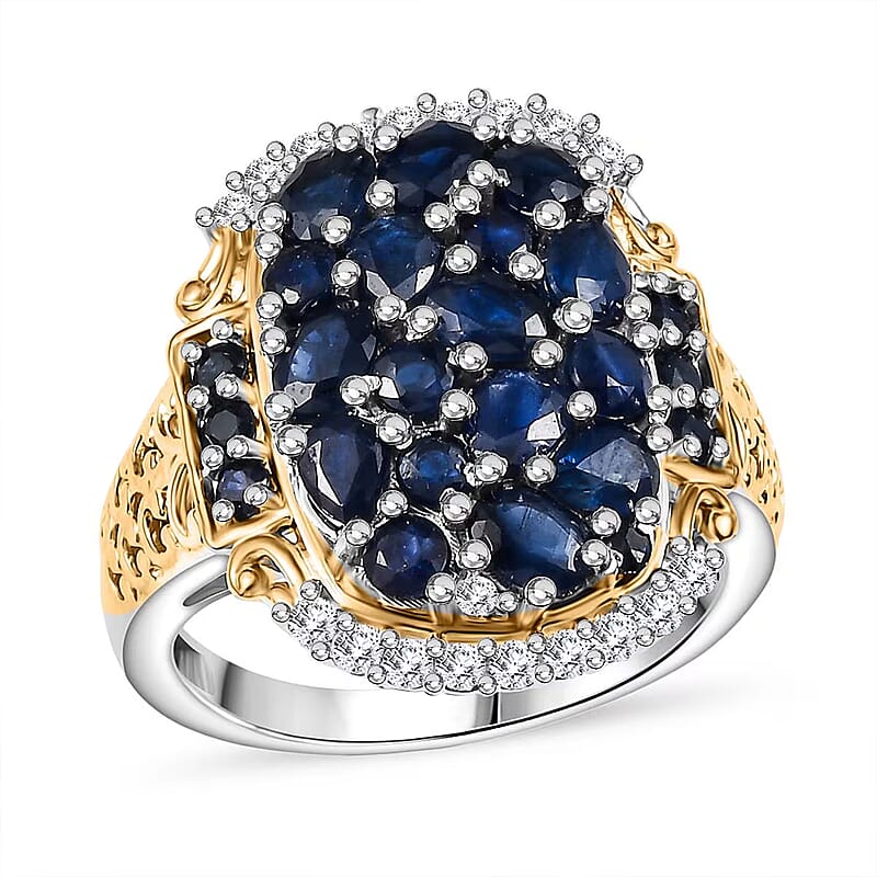 D'Joy Premium Kanchanaburi Blue Sapphire and Moissanite 3.25 ctw Gilded Dynasty Ring in 18K Vermeil YG and Rhodium Over Sterling Silver (Size 10.0)