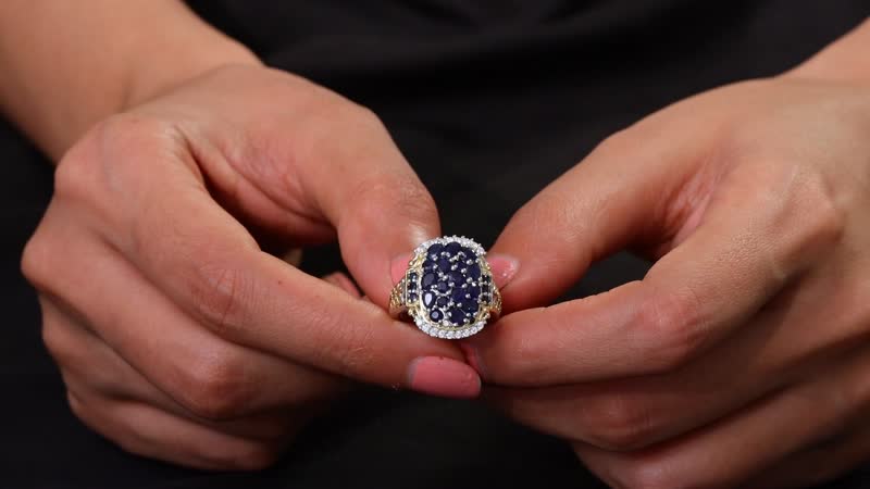 Premium Kanchanaburi Blue Sapphire and Moissanite Ring in 18K Vermeil YG and Rhodium Over Sterling Silver (Size 10.0)