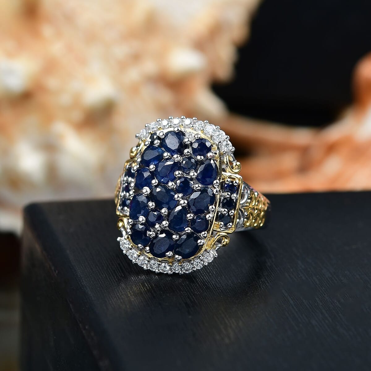 D'Joy Premium Kanchanaburi Blue Sapphire and Moissanite 3.25 ctw Gilded Dynasty Ring in 18K Vermeil YG and Rhodium Over Sterling Silver (Size 10.0) image number 1