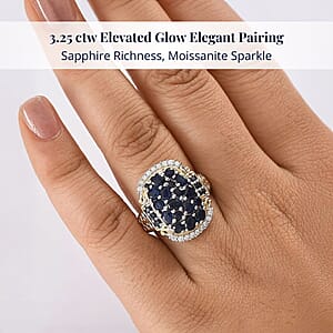 D'Joy Premium Kanchanaburi Blue Sapphire and Moissanite 3.25 ctw Gilded Dynasty Ring in 18K Vermeil YG and Rhodium Over Sterling Silver (Size 10.0)