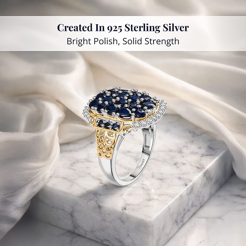 D'Joy Premium Kanchanaburi Blue Sapphire and Moissanite 3.25 ctw Gilded Dynasty Ring in 18K Vermeil YG and Rhodium Over Sterling Silver (Size 10.0)