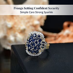 D'Joy Premium Kanchanaburi Blue Sapphire and Moissanite 3.25 ctw Gilded Dynasty Ring in 18K Vermeil YG and Rhodium Over Sterling Silver (Size 10.0)