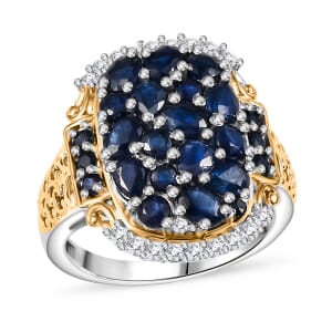 D'Joy Premium Kanchanaburi Blue Sapphire and Moissanite 3.25 ctw Gilded Dynasty Ring in 18K Vermeil YG and Rhodium Over Sterling Silver (Size 9.0)