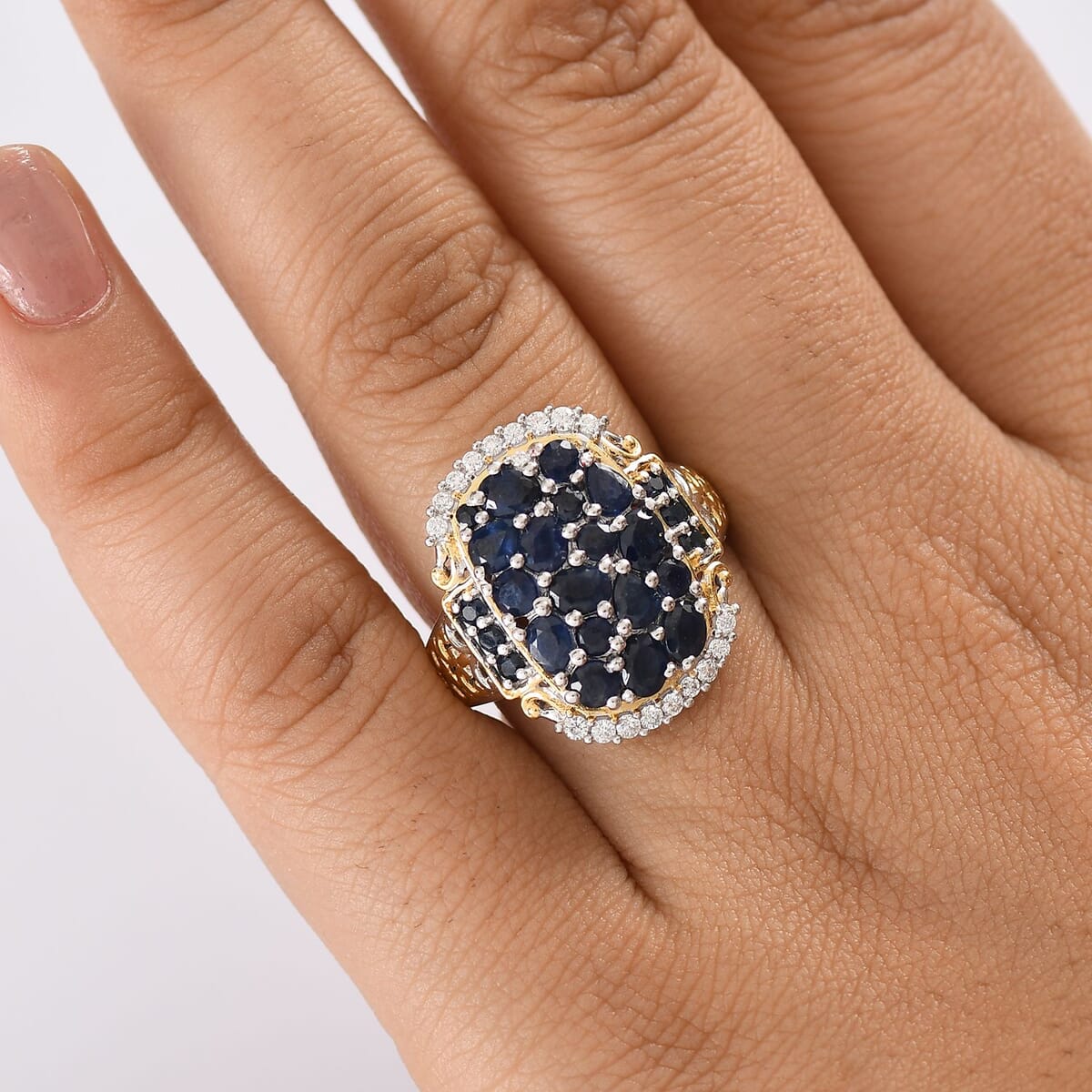 D'Joy Premium Kanchanaburi Blue Sapphire and Moissanite 3.25 ctw Gilded Dynasty Ring in 18K Vermeil YG and Rhodium Over Sterling Silver (Size 9.0) image number 2