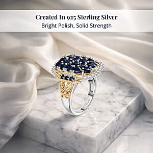 (Do Not Schedule For LS) D'Joy Premium Kanchanaburi Blue Sapphire and Moissanite 3.25 ctw Gilded Dynasty Ring in 18K Vermeil YG and Rhodium Over Sterling Silver (Size 9.0)