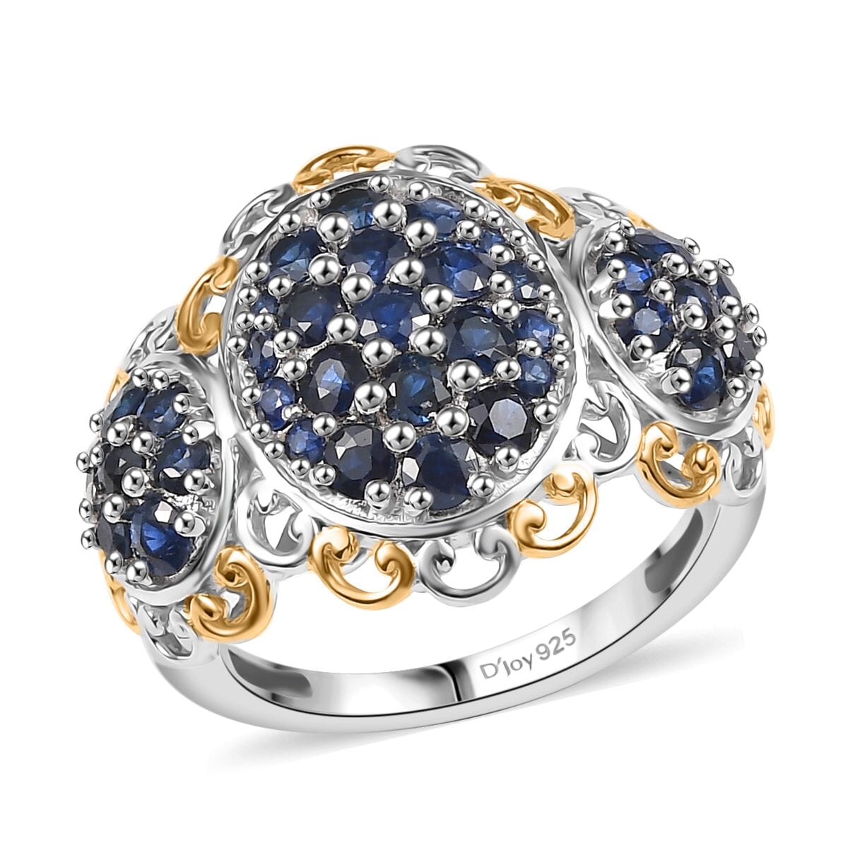 D'Joy Premium Kanchanaburi Blue Sapphire 2.00 ctw Regal Trilogy Ring in 18K Vermeil YG and Rhodium Over Sterling Silver (Size 10.0) image number 0