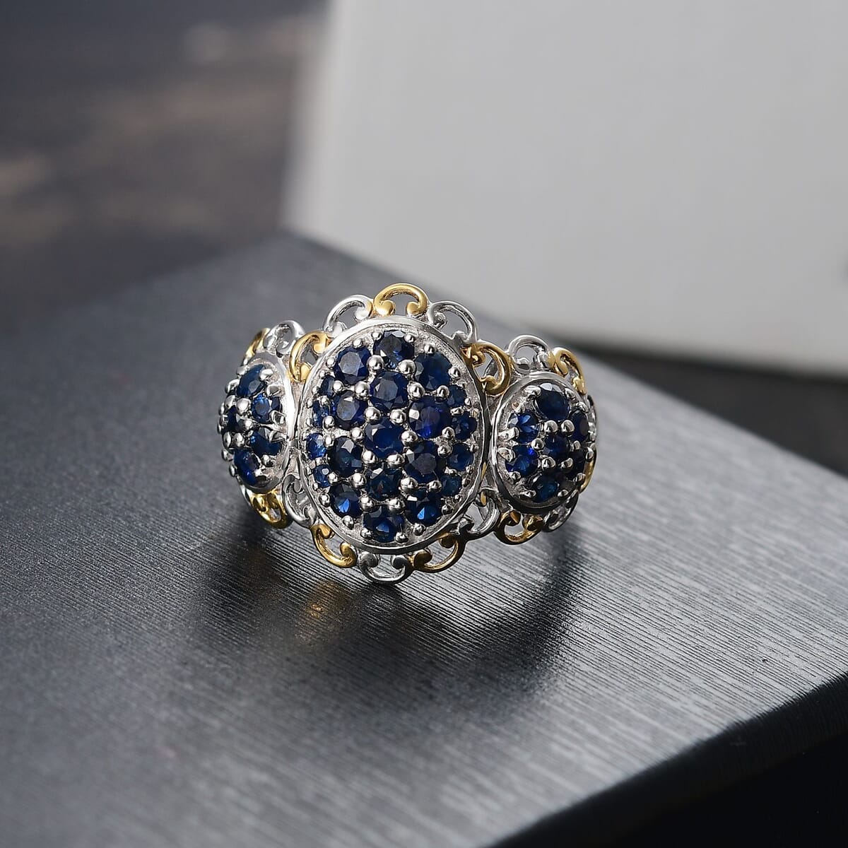 D'Joy Premium Kanchanaburi Blue Sapphire 2.00 ctw Regal Trilogy Ring in 18K Vermeil YG and Rhodium Over Sterling Silver (Size 10.0) image number 1