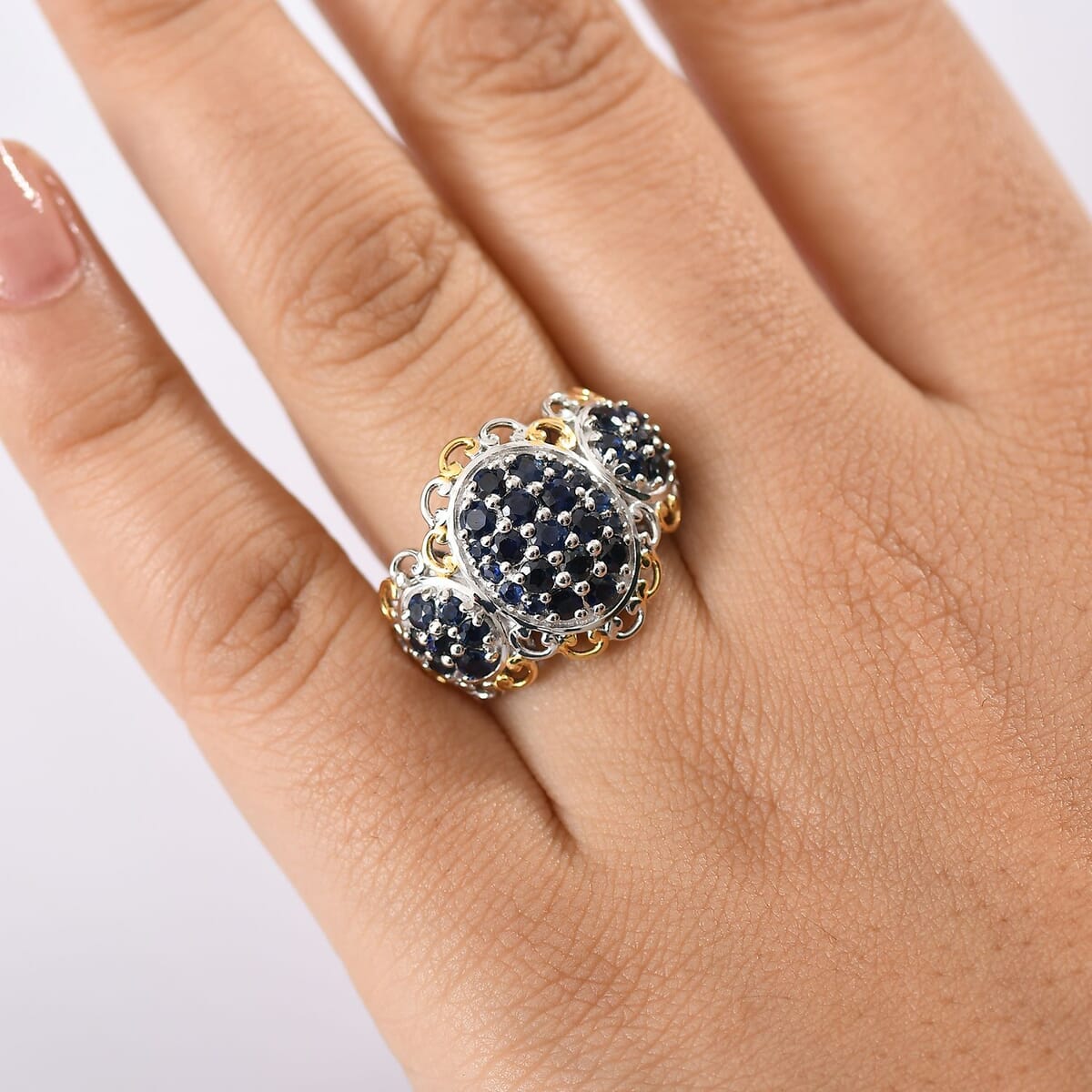 D'Joy Premium Kanchanaburi Blue Sapphire 2.00 ctw Regal Trilogy Ring in 18K Vermeil YG and Rhodium Over Sterling Silver (Size 10.0) image number 2