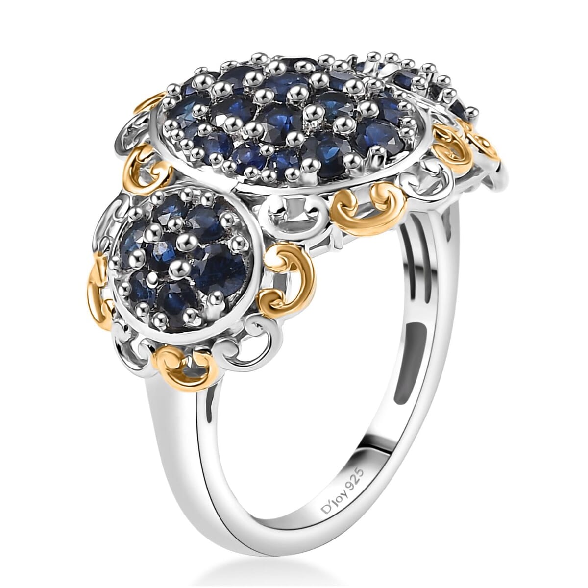D'Joy Premium Kanchanaburi Blue Sapphire 2.00 ctw Regal Trilogy Ring in 18K Vermeil YG and Rhodium Over Sterling Silver (Size 6.0) image number 3