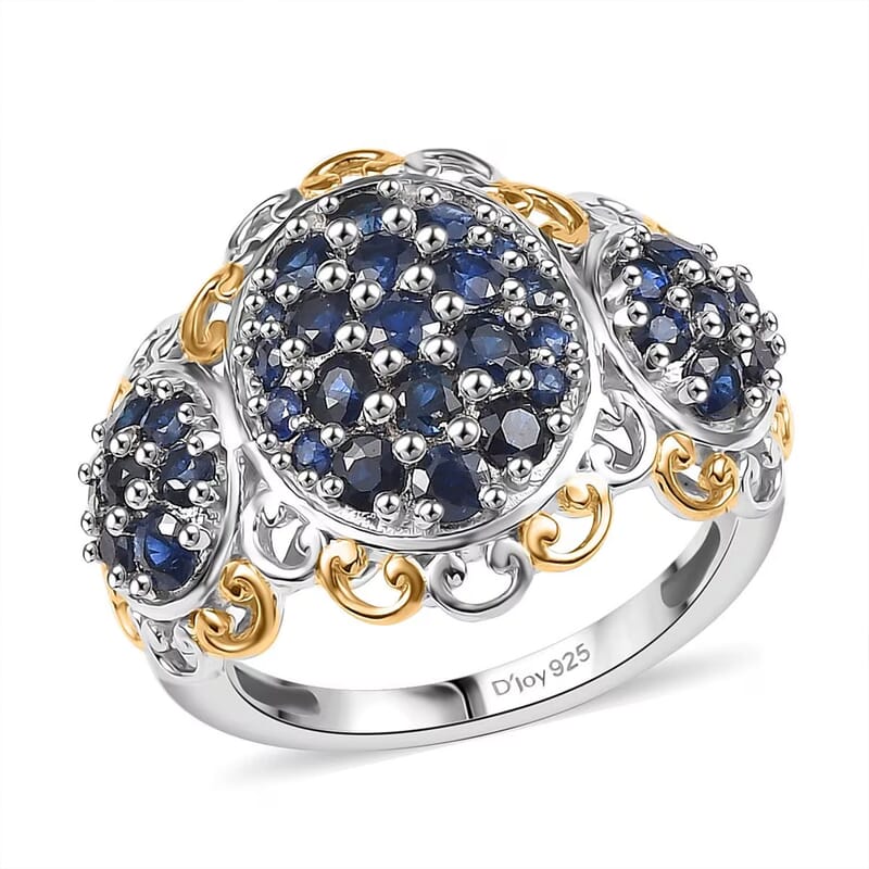D'Joy Premium Kanchanaburi Blue Sapphire 2.00 ctw Regal Trilogy Ring in 18K Vermeil YG and Rhodium Over Sterling Silver (Size 7.0)