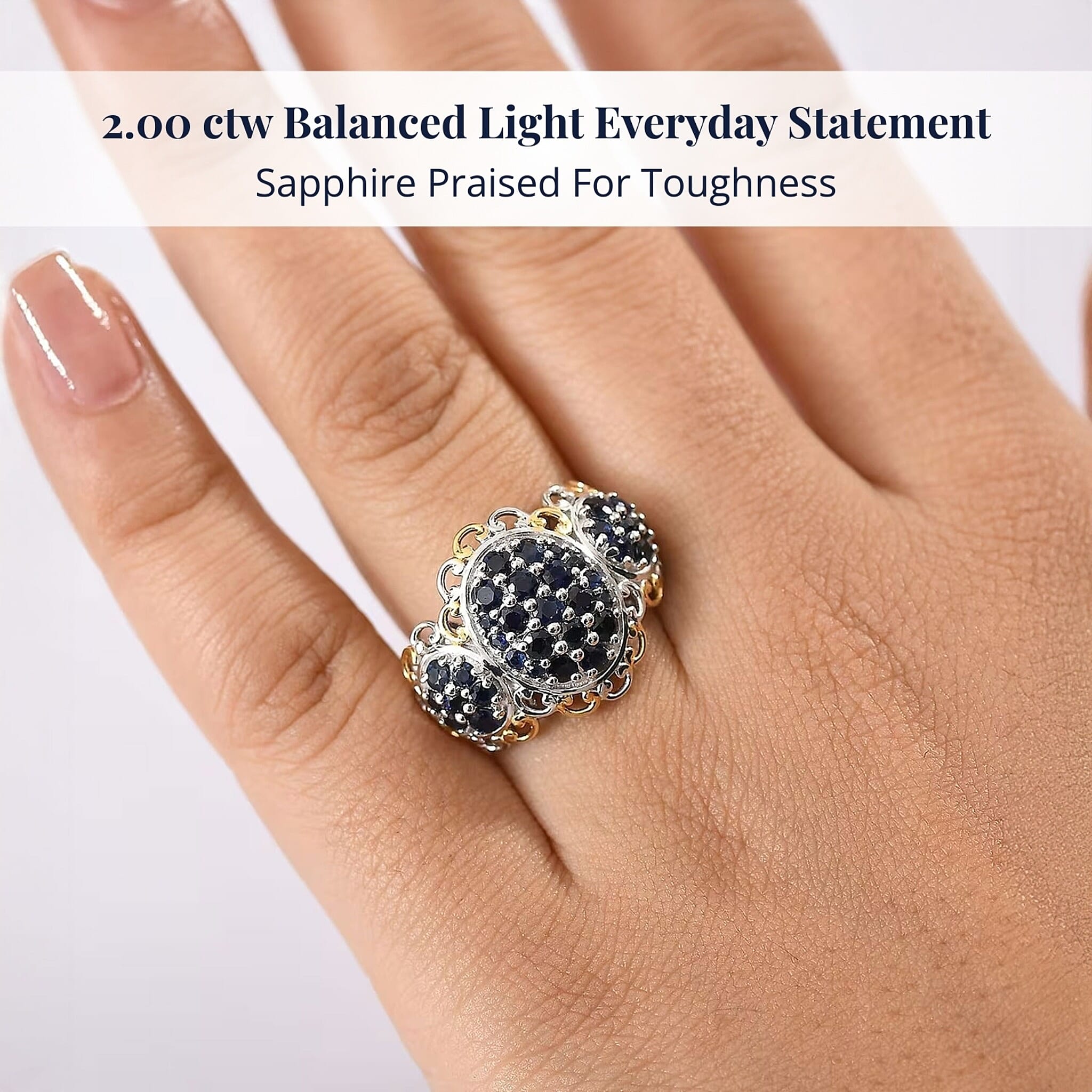D'Joy Premium Kanchanaburi Blue Sapphire 2.00 ctw Regal Trilogy Ring in 18K Vermeil YG and Rhodium Over Sterling Silver (Size 7.0)