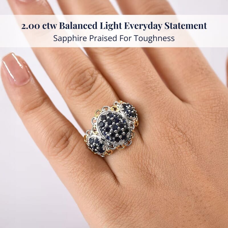 D'Joy Premium Kanchanaburi Blue Sapphire 2.00 ctw Regal Trilogy Ring in 18K Vermeil YG and Rhodium Over Sterling Silver (Size 7.0)