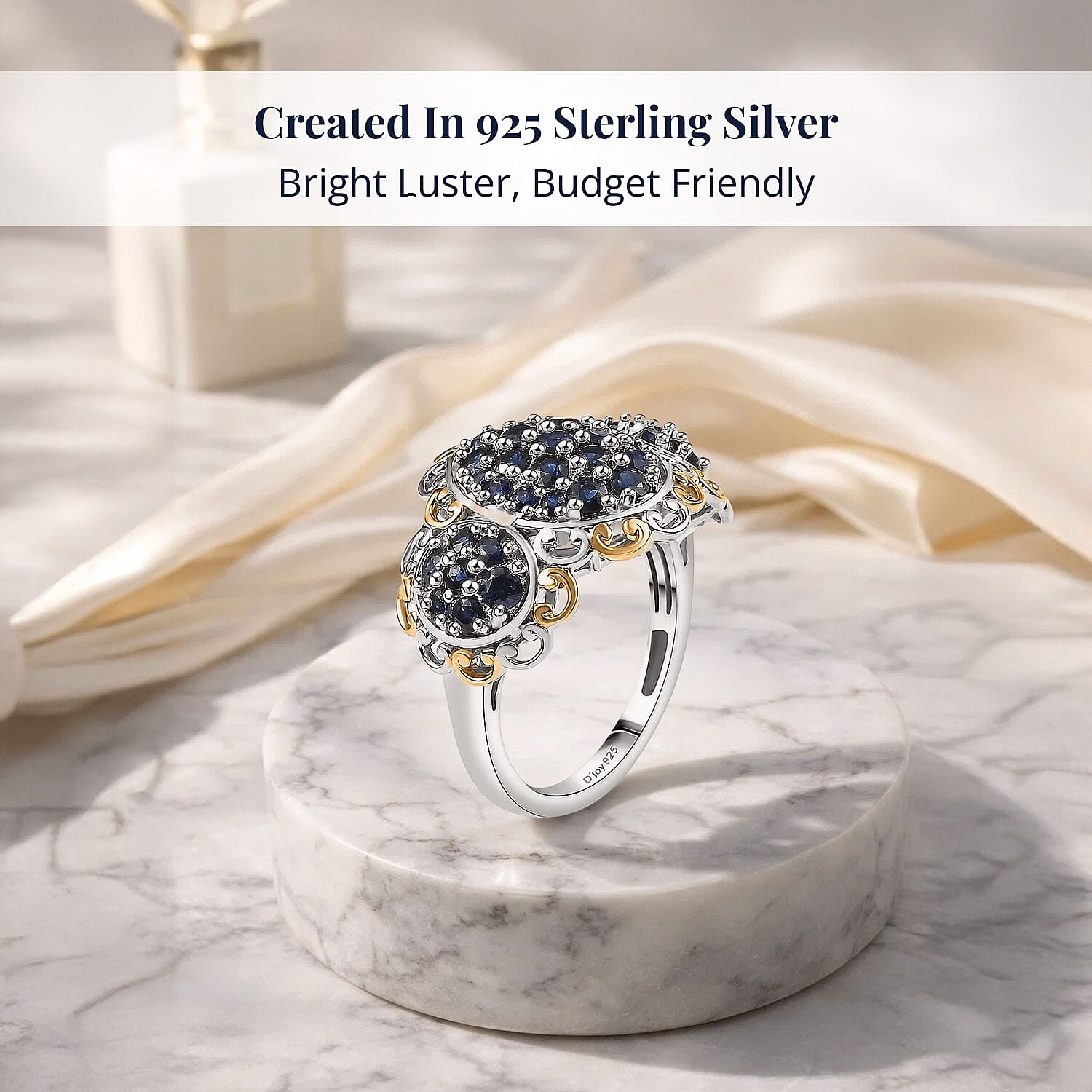 D'Joy Premium Kanchanaburi Blue Sapphire 2.00 ctw Regal Trilogy Ring in 18K Vermeil YG and Rhodium Over Sterling Silver (Size 7.0)