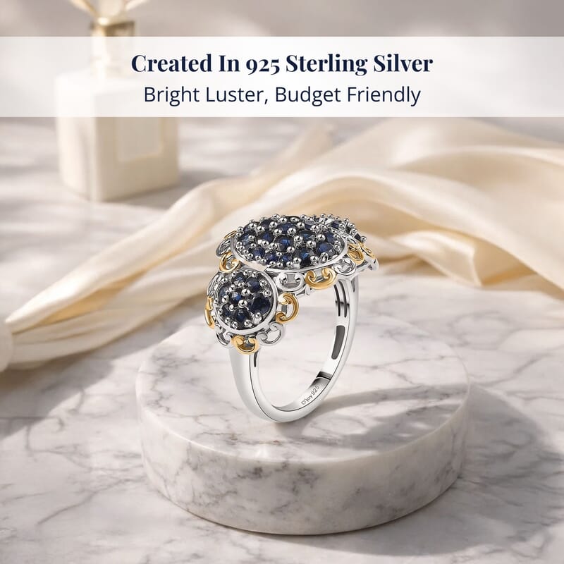 D'Joy Premium Kanchanaburi Blue Sapphire 2.00 ctw Regal Trilogy Ring in 18K Vermeil YG and Rhodium Over Sterling Silver (Size 7.0)