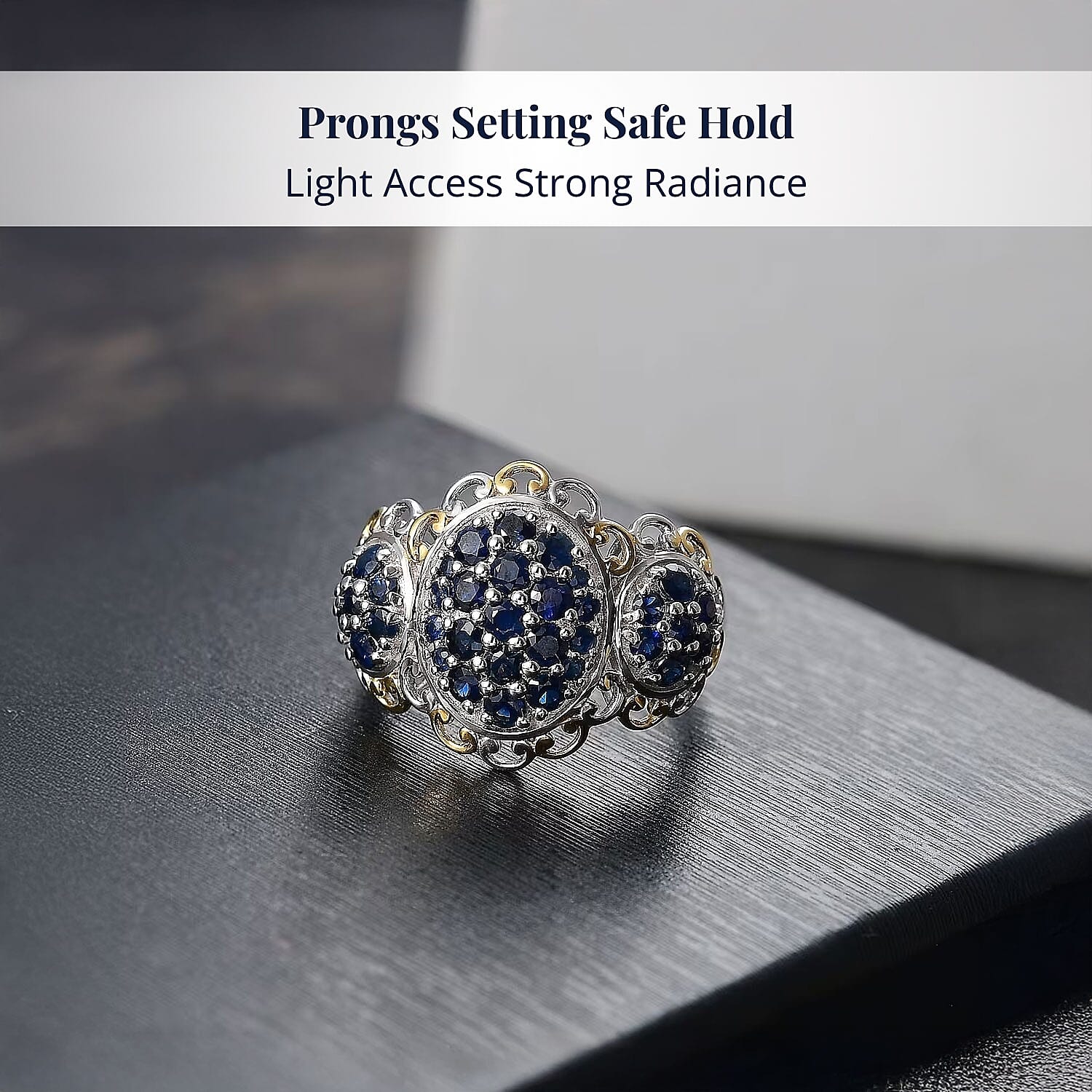 D'Joy Premium Kanchanaburi Blue Sapphire 2.00 ctw Regal Trilogy Ring in 18K Vermeil YG and Rhodium Over Sterling Silver (Size 7.0)