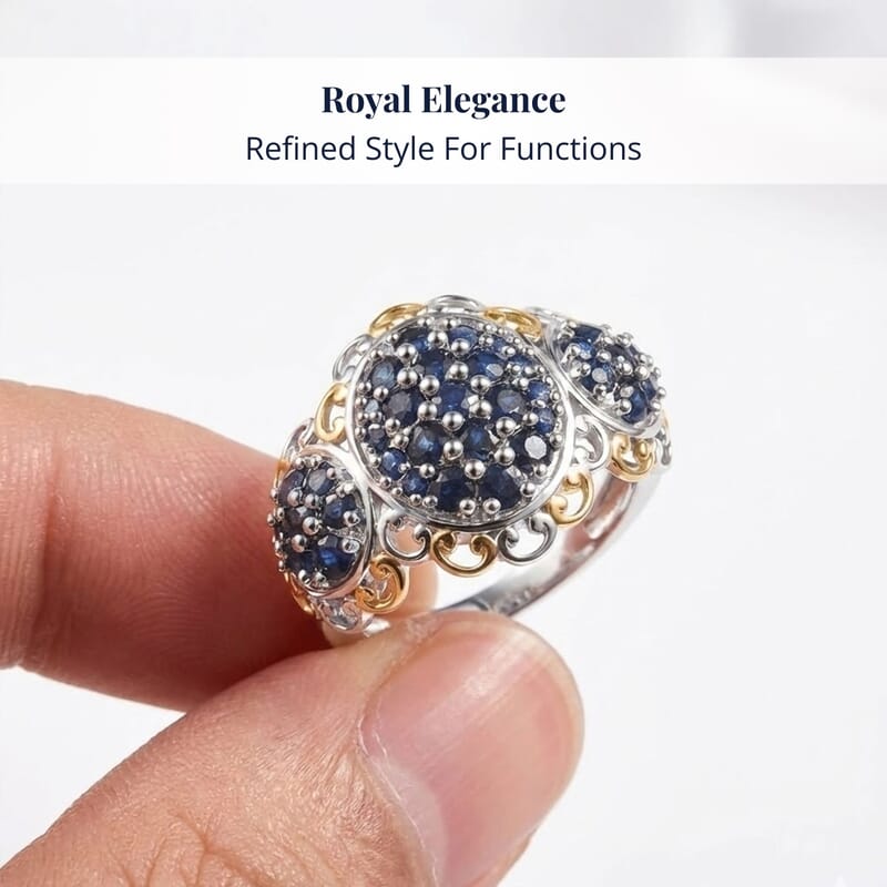 D'Joy Premium Kanchanaburi Blue Sapphire 2.00 ctw Regal Trilogy Ring in 18K Vermeil YG and Rhodium Over Sterling Silver (Size 7.0)