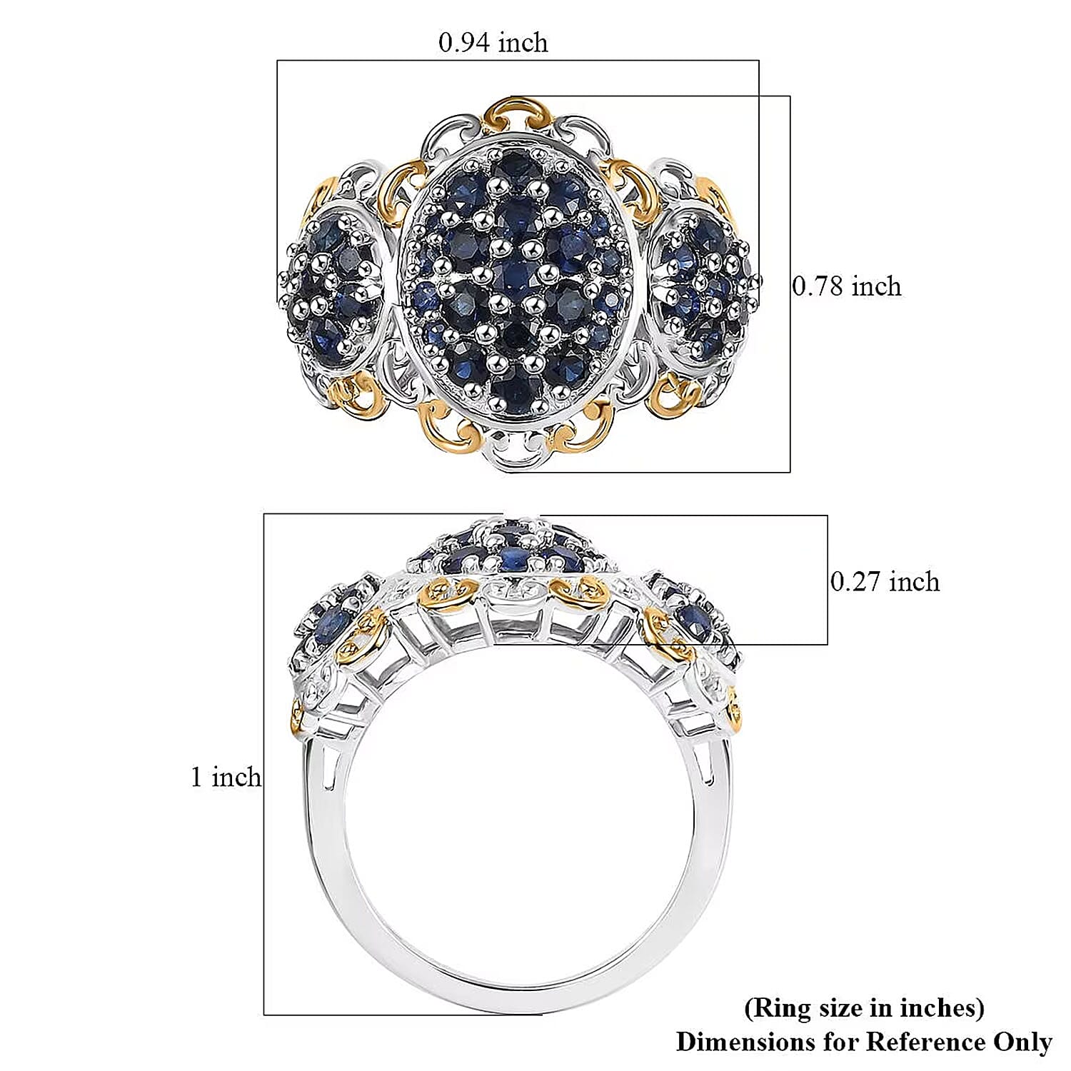 D'Joy Premium Kanchanaburi Blue Sapphire 2.00 ctw Regal Trilogy Ring in 18K Vermeil YG and Rhodium Over Sterling Silver (Size 7.0)