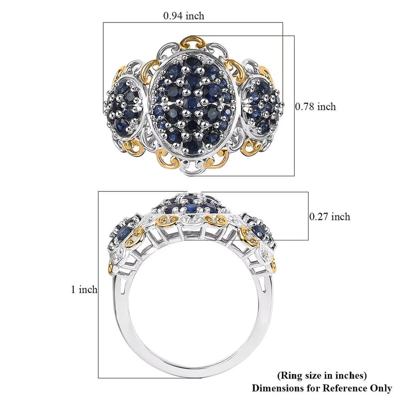 D'Joy Premium Kanchanaburi Blue Sapphire 2.00 ctw Regal Trilogy Ring in 18K Vermeil YG and Rhodium Over Sterling Silver (Size 7.0)