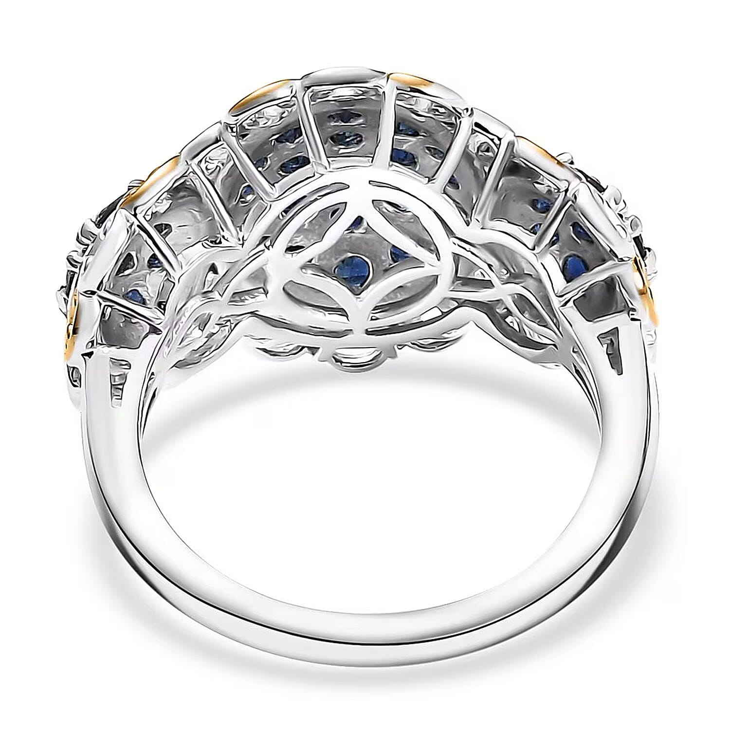 D'Joy Premium Kanchanaburi Blue Sapphire 2.00 ctw Regal Trilogy Ring in 18K Vermeil YG and Rhodium Over Sterling Silver (Size 7.0)