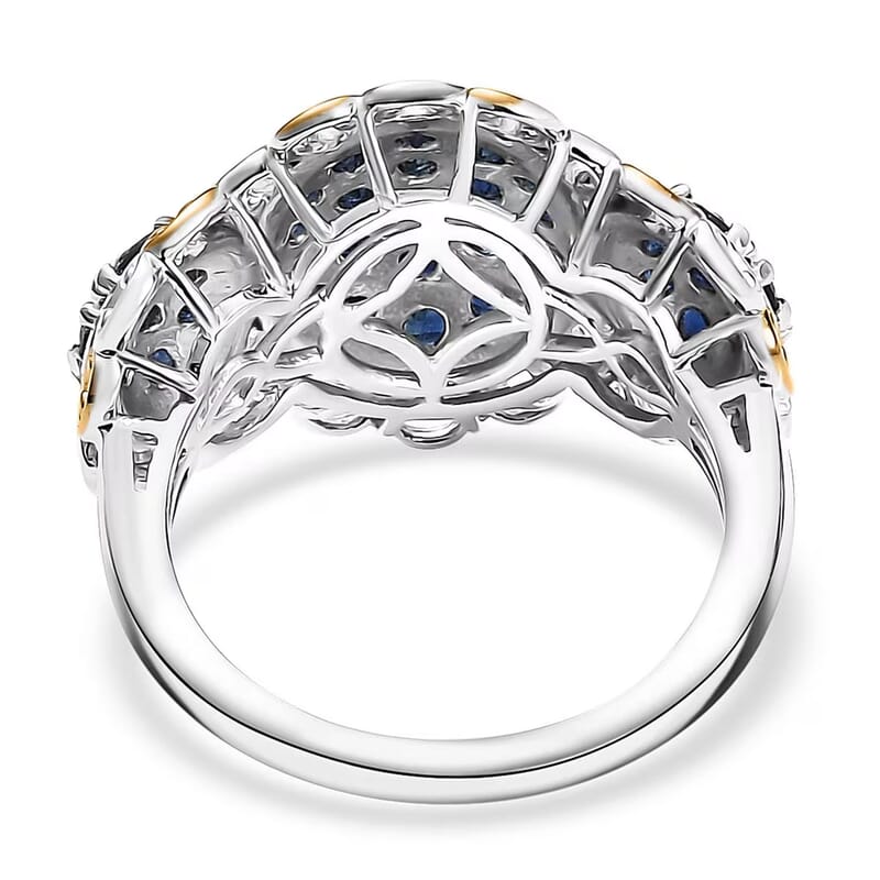 D'Joy Premium Kanchanaburi Blue Sapphire 2.00 ctw Regal Trilogy Ring in 18K Vermeil YG and Rhodium Over Sterling Silver (Size 7.0)