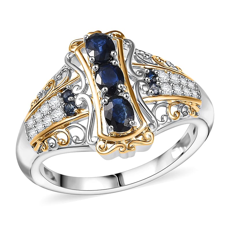 D'Joy Premium Kanchanaburi Blue Sapphire and Moissanite 0.90 ctw Regal Filigree Ring in 18K Vermeil YG and Rhodium Over Sterling Silver (Size 10.0)