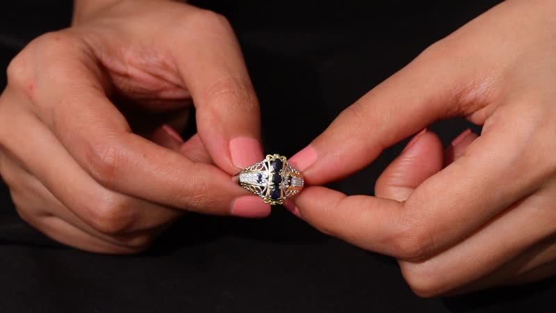 Premium Kanchanaburi Blue Sapphire and Moissanite Filigree Ring in 18K Vermeil YG and Rhodium Over Sterling Silver (Size 10.0)
