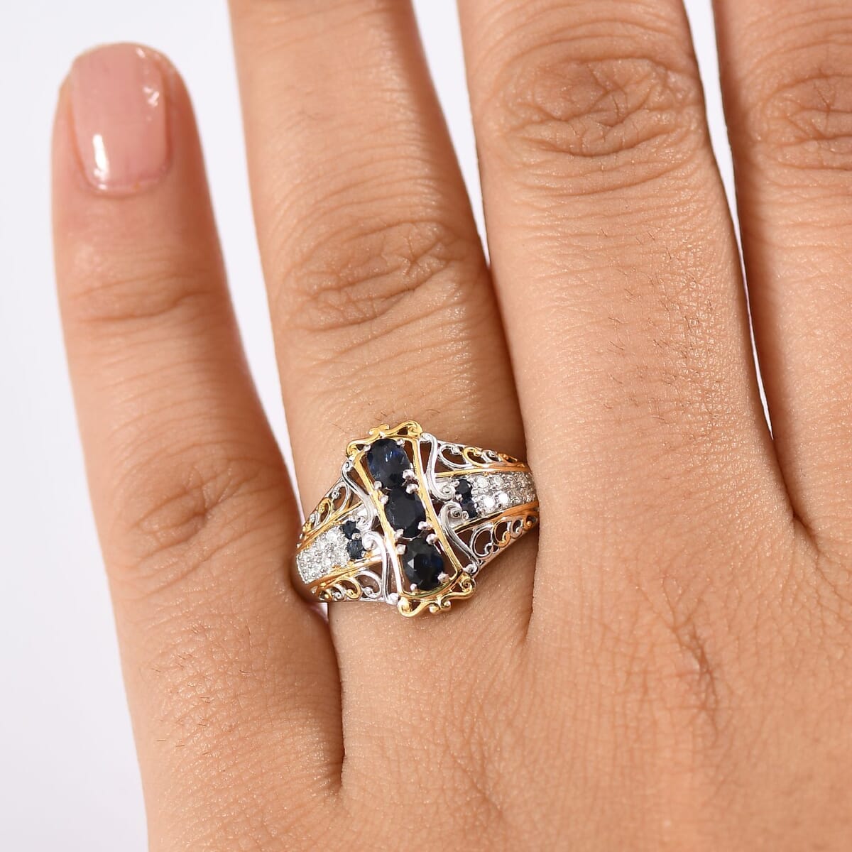 D'Joy Premium Kanchanaburi Blue Sapphire and Moissanite 0.90 ctw Regal Filigree Ring in 18K Vermeil YG and Rhodium Over Sterling Silver (Size 10.0) image number 2