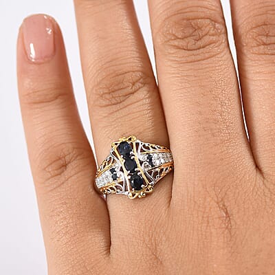 D'Joy Premium Kanchanaburi Blue Sapphire and Moissanite 0.90 ctw Regal Filigree Ring in 18K Vermeil YG and Rhodium Over Sterling Silver (Size 10.0)