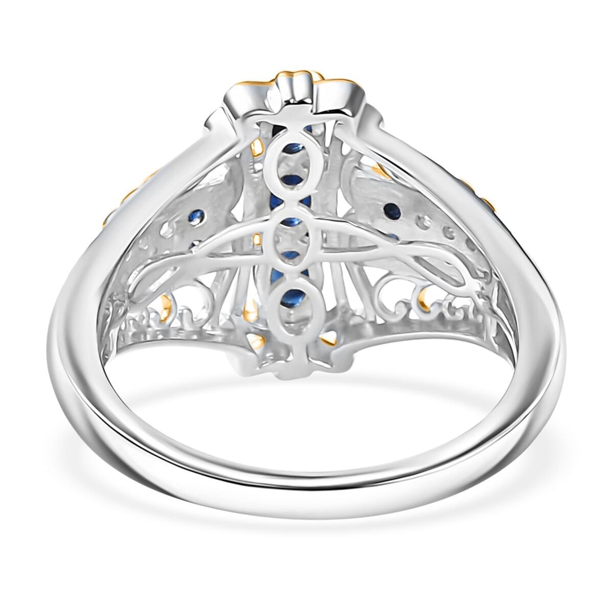 D'Joy Premium Kanchanaburi Blue Sapphire and Moissanite 0.90 ctw Regal Filigree Ring in 18K Vermeil YG and Rhodium Over Sterling Silver (Size 10.0) image number 4