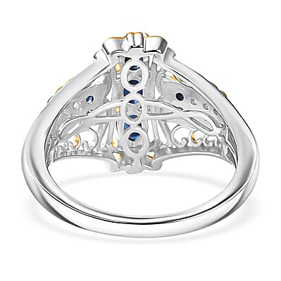 D'Joy Premium Kanchanaburi Blue Sapphire and Moissanite 0.90 ctw Regal Filigree Ring in 18K Vermeil YG and Rhodium Over Sterling Silver (Size 10.0)