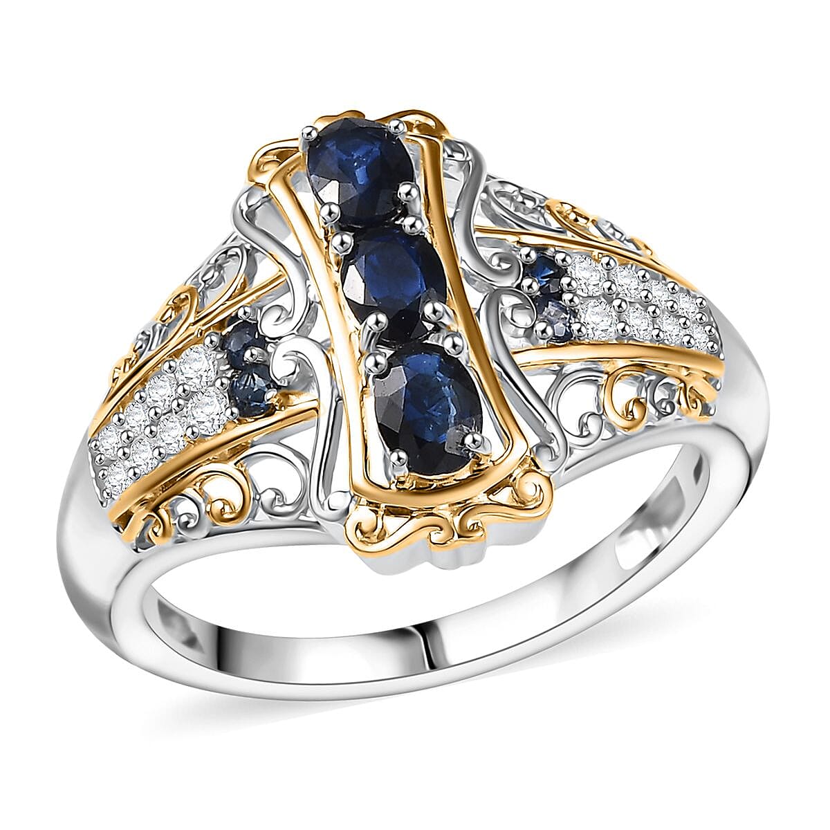 D'Joy Premium Kanchanaburi Blue Sapphire and Moissanite 0.90 ctw Regal Filigree Ring in 18K Vermeil YG and Rhodium Over Sterling Silver (Size 6.0) image number 0
