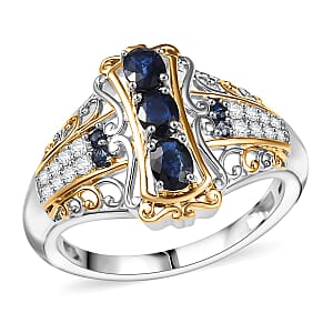 D'Joy Premium Kanchanaburi Blue Sapphire and Moissanite 0.90 ctw Regal Filigree Ring in 18K Vermeil YG and Rhodium Over Sterling Silver (Size 6.0)