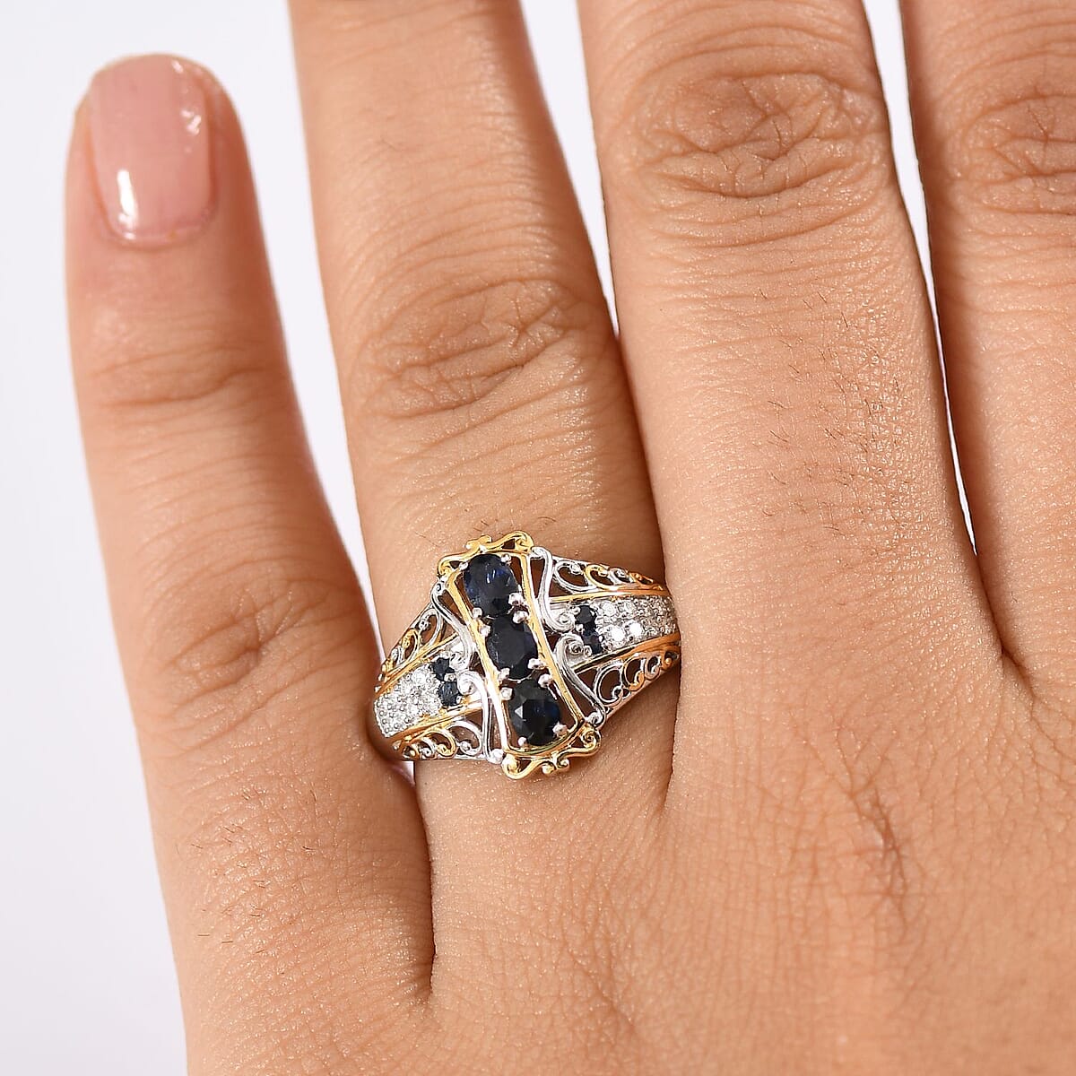 D'Joy Premium Kanchanaburi Blue Sapphire and Moissanite 0.90 ctw Regal Filigree Ring in 18K Vermeil YG and Rhodium Over Sterling Silver (Size 6.0) image number 2
