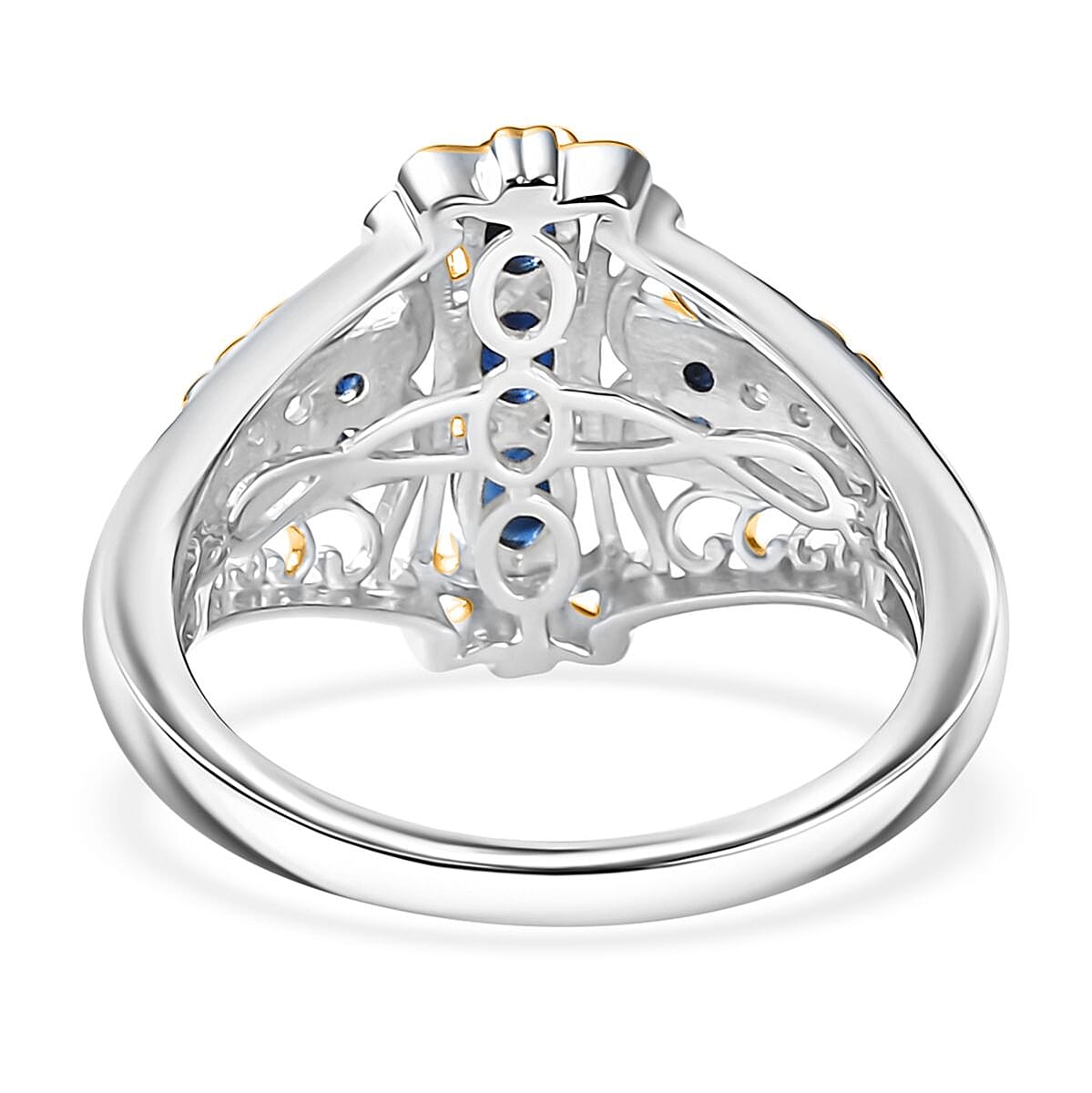 D'Joy Premium Kanchanaburi Blue Sapphire and Moissanite 0.90 ctw Regal Filigree Ring in 18K Vermeil YG and Rhodium Over Sterling Silver (Size 6.0) image number 4