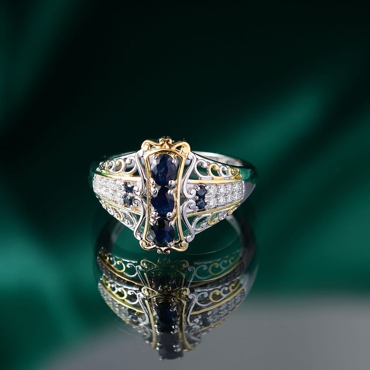 D'Joy Premium Kanchanaburi Blue Sapphire and Moissanite 0.90 ctw Regal Filigree Ring in 18K Vermeil YG and Rhodium Over Sterling Silver (Size 9.0) image number 1