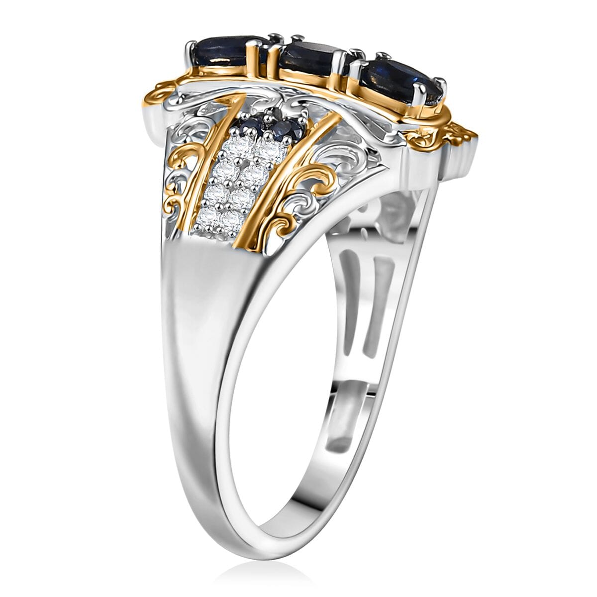 D'Joy Premium Kanchanaburi Blue Sapphire and Moissanite 0.90 ctw Regal Filigree Ring in 18K Vermeil YG and Rhodium Over Sterling Silver (Size 9.0) image number 3