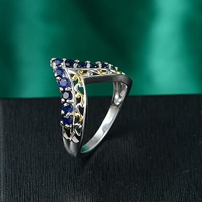 D'Joy Premium Kanchanaburi Blue Sapphire 1.00 ctw Tiara Majesty Ring in 18K Vermeil YG and Rhodium Over Sterling Silver (Size 10.0)