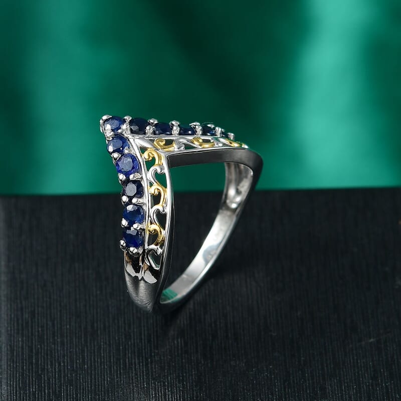 D'Joy Premium Kanchanaburi Blue Sapphire 1.00 ctw Tiara Majesty Ring in 18K Vermeil YG and Rhodium Over Sterling Silver (Size 10.0)