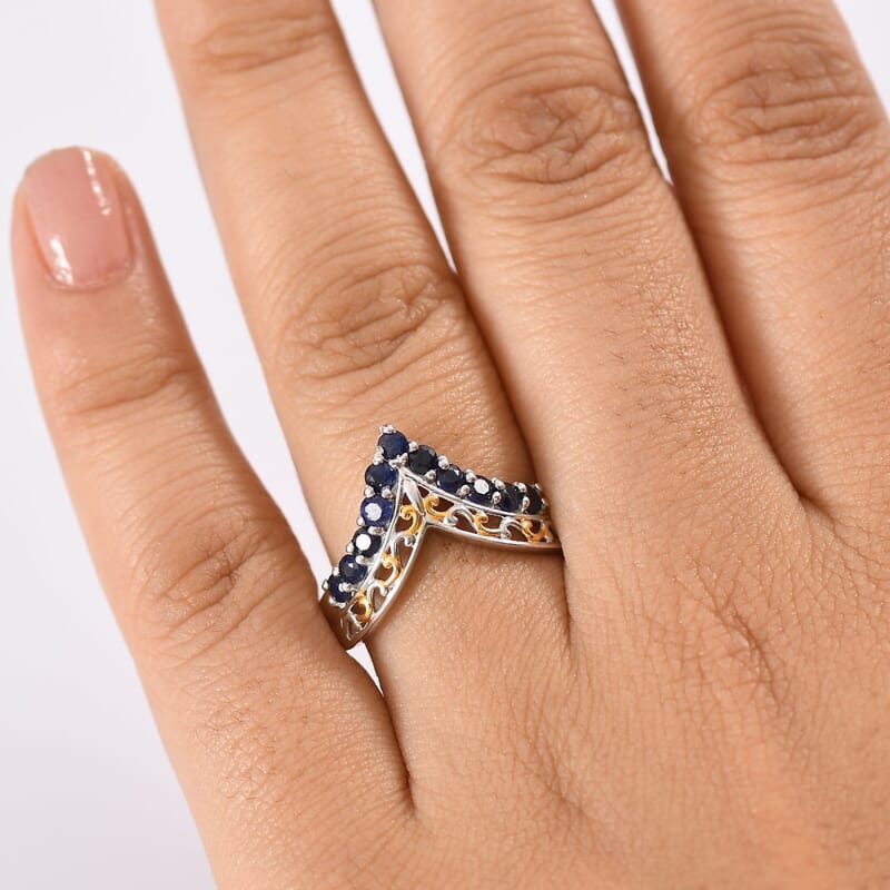 D'Joy Premium Kanchanaburi Blue Sapphire 1.00 ctw Tiara Majesty Ring in 18K Vermeil YG and Rhodium Over Sterling Silver (Size 10.0)