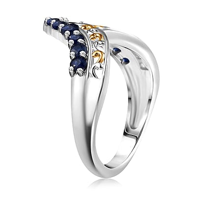 D'Joy Premium Kanchanaburi Blue Sapphire 1.00 ctw Tiara Majesty Ring in 18K Vermeil YG and Rhodium Over Sterling Silver (Size 10.0)