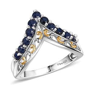 D'Joy Premium Kanchanaburi Blue Sapphire 1.00 ctw Tiara Majesty Ring in 18K Vermeil YG and Rhodium Over Sterling Silver (Size 6.0)
