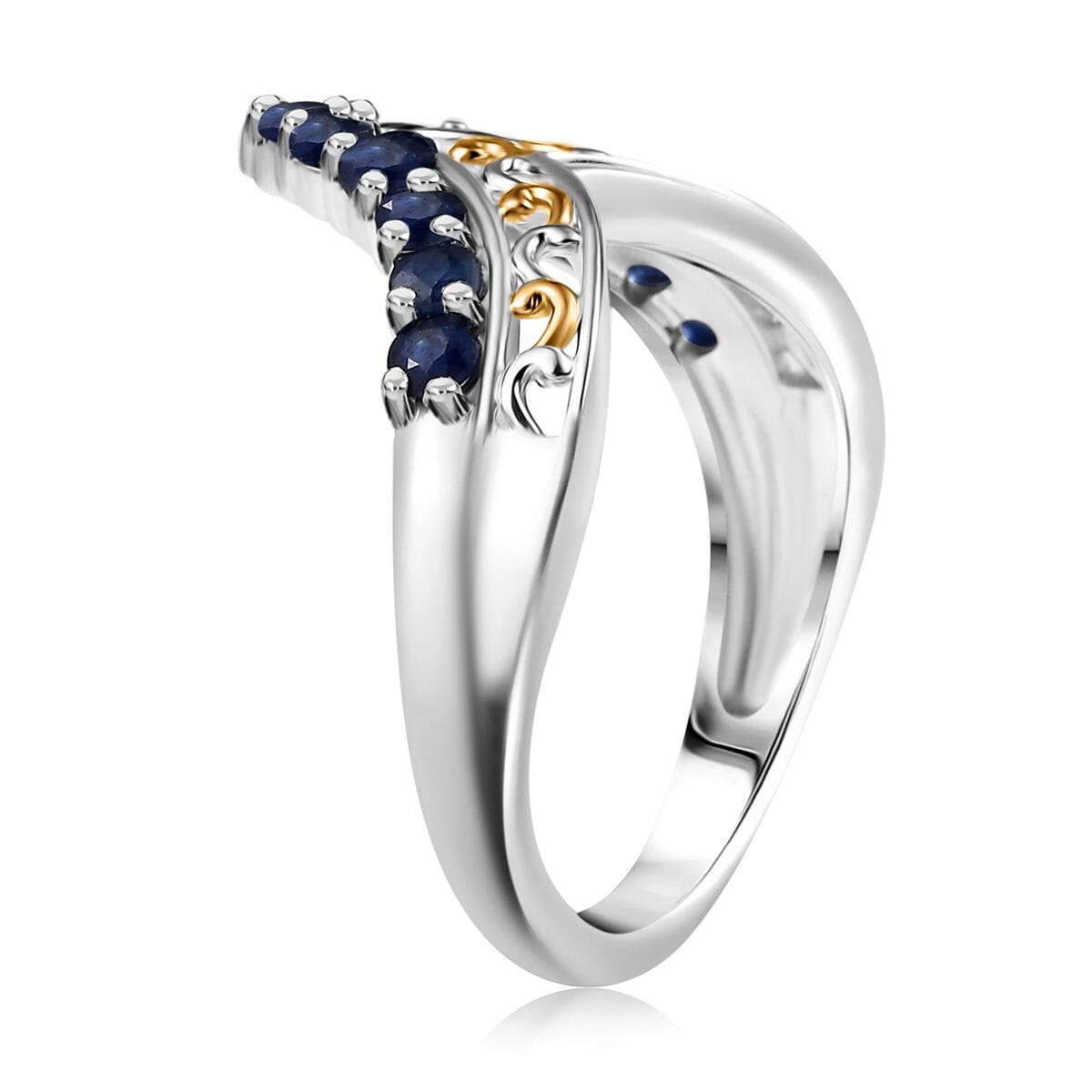 D'Joy Premium Kanchanaburi Blue Sapphire 1.00 ctw Tiara Majesty Ring in 18K Vermeil YG and Rhodium Over Sterling Silver (Size 7.0) image number 3