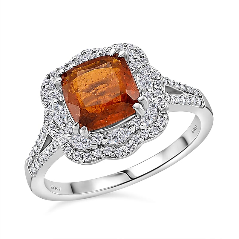 D'Joy Orange Kyanite and White Zircon 3.60 ctw Royal Blossom Halo Ring in Rhodium Over Sterling Silver (Size  10.0)