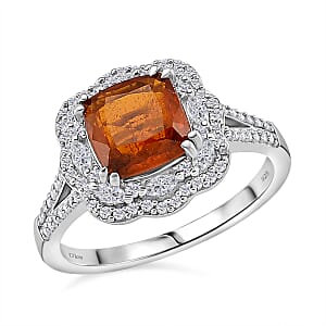D'Joy Orange Kyanite and White Zircon 3.60 ctw Royal Blossom Halo Ring in Rhodium Over Sterling Silver (Size 7.0)