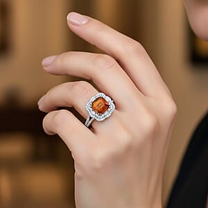 D'Joy Orange Kyanite and White Zircon 3.60 ctw Royal Blossom Halo Ring in Rhodium Over Sterling Silver (Size 7.0)