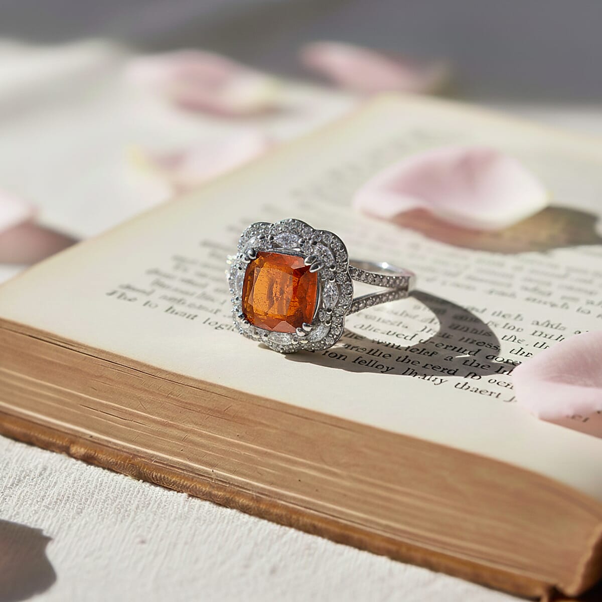 D'Joy Orange Kyanite and White Zircon 3.60 ctw Royal Blossom Halo Ring in Rhodium Over Sterling Silver (Size 9.0) image number 1