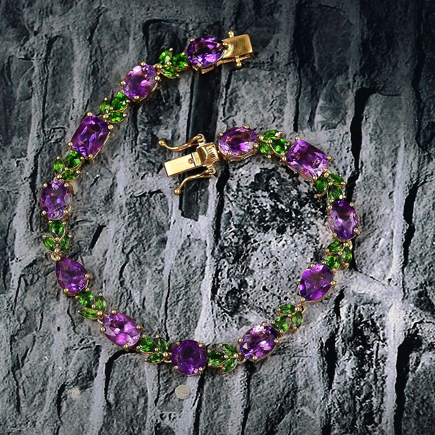D'Joy Moroccan Amethyst and Chrome Diopside 17.65 ctw Forest Bloom Bracelet in 18K Vermeil Yellow Gold Over Sterling Silver (7.25 In)