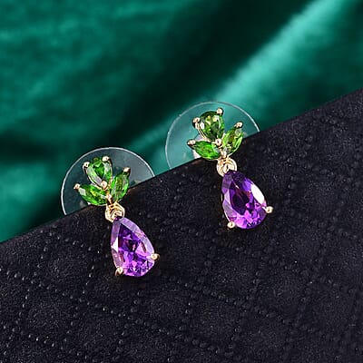 D'Joy Moroccan Amethyst and Chrome Diopside 2.25 ctw Forest Bloom Earrings in 18K Vermeil Yellow Gold Over Sterling Silver